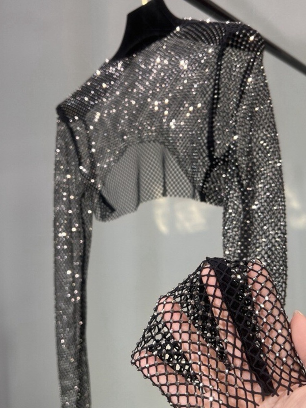 AKIRA Black Rhinestone Crystal Mesh Long Sleeve Crop Top Size L NWT